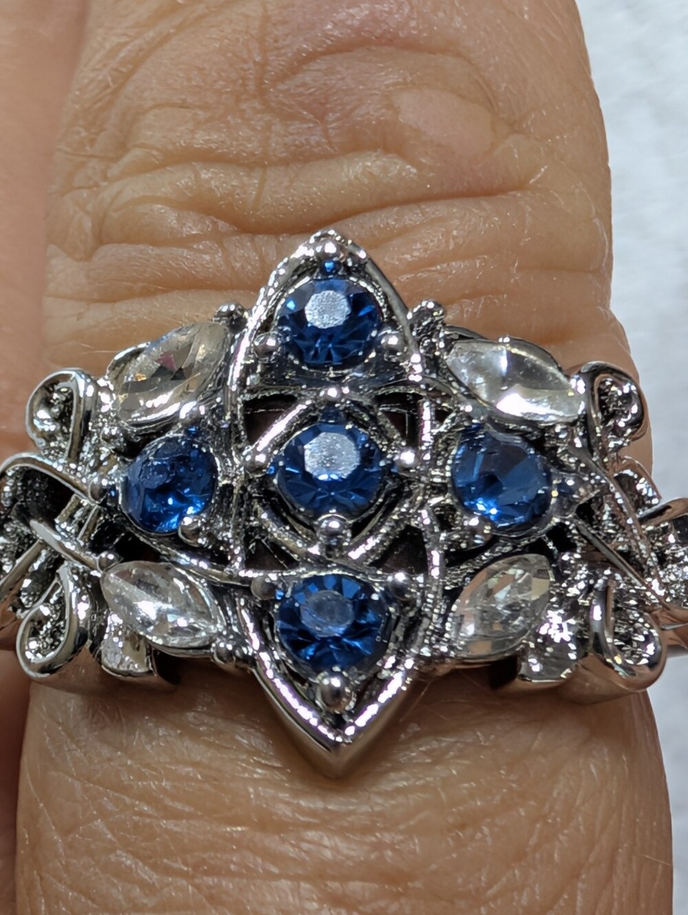 Blue & White Marquee Round Cut  Silver Dinner Ring Size 8